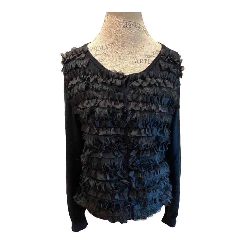 Once Again Black Faux Fur & Ruffle Button-Up Knit Cardigan Sweater Women's Sz XL